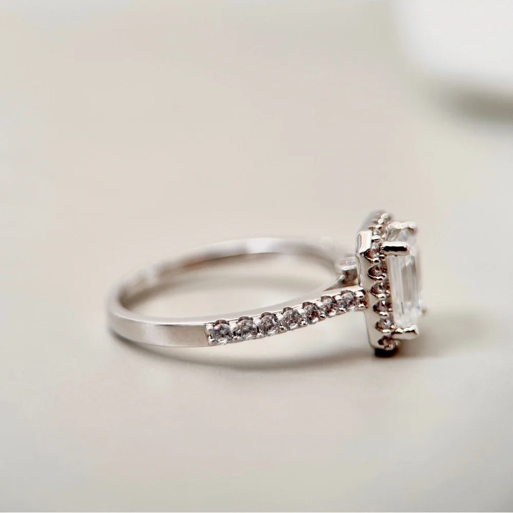 1.35ctw S925 Moissanite Emerald Cut Halo Engagement Ring 18K Gold Plate